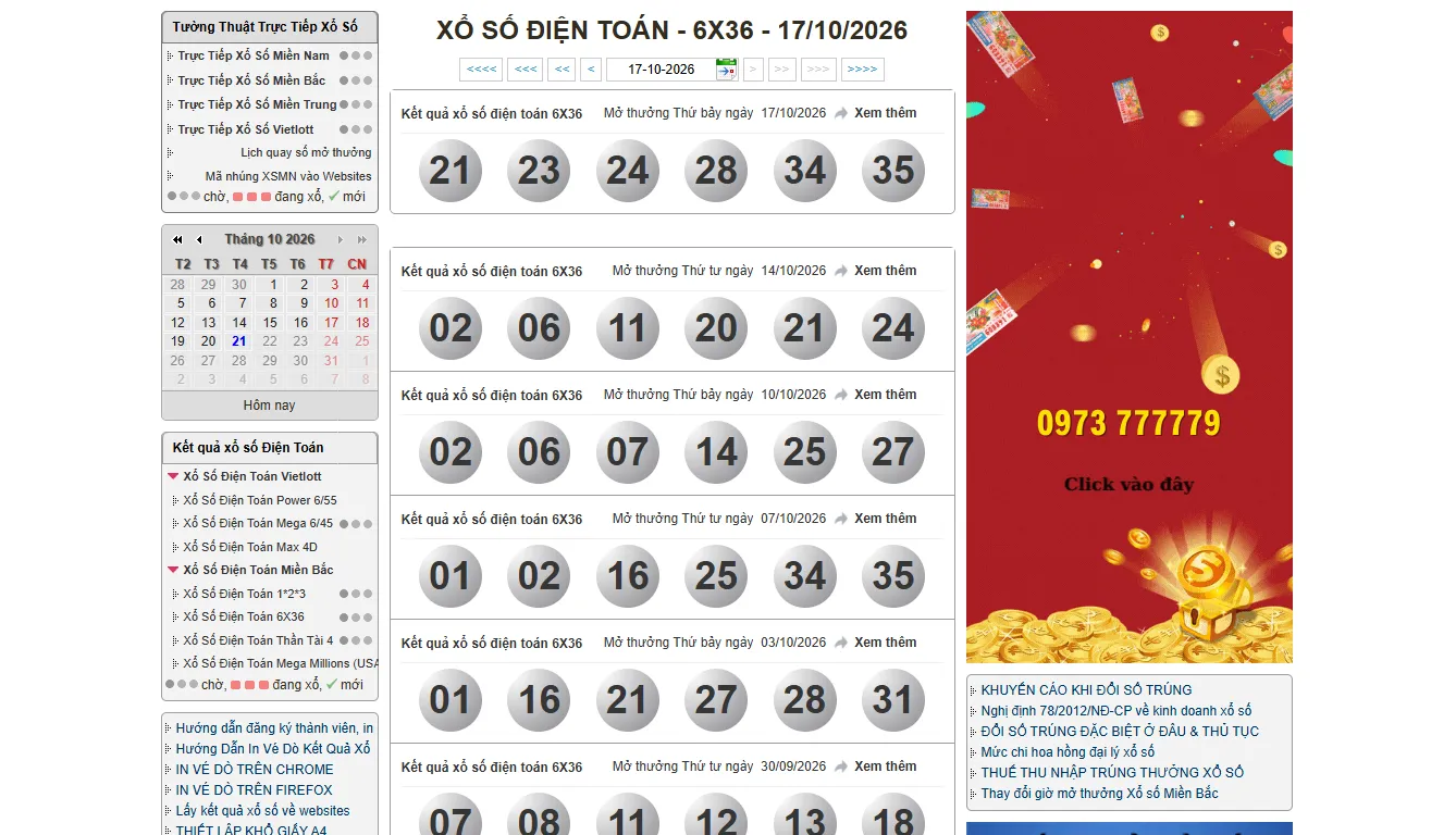 kết quả xổ số 6x36